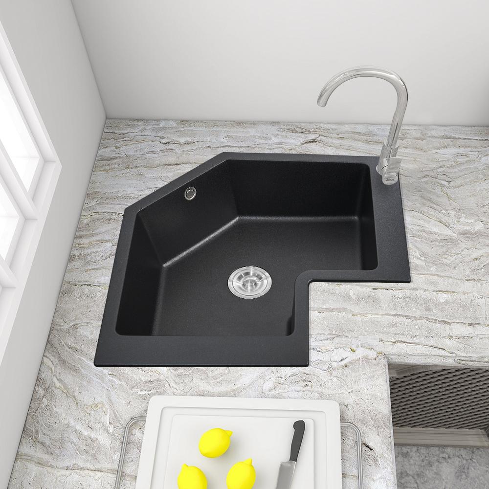 Drop In Corner Kitchen Sink Modern Single Bowl 27" Quartz Irregular Sink in Black