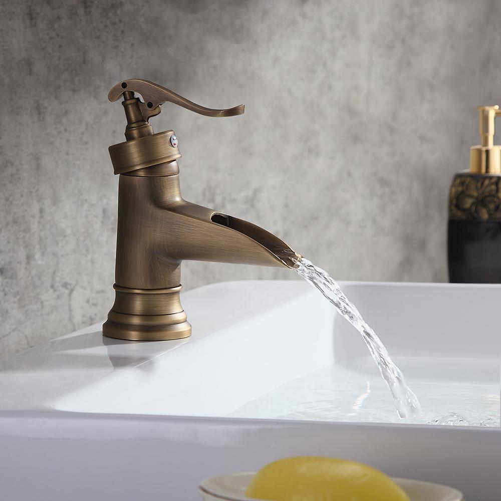 Single Hole Single Handle Waterfall Bathroom Sink Faucet Solid Brass in Antique Brass