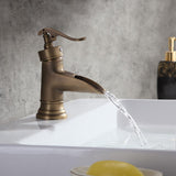 Single Hole Single Handle Waterfall Bathroom Sink Faucet Solid Brass in Antique Brass