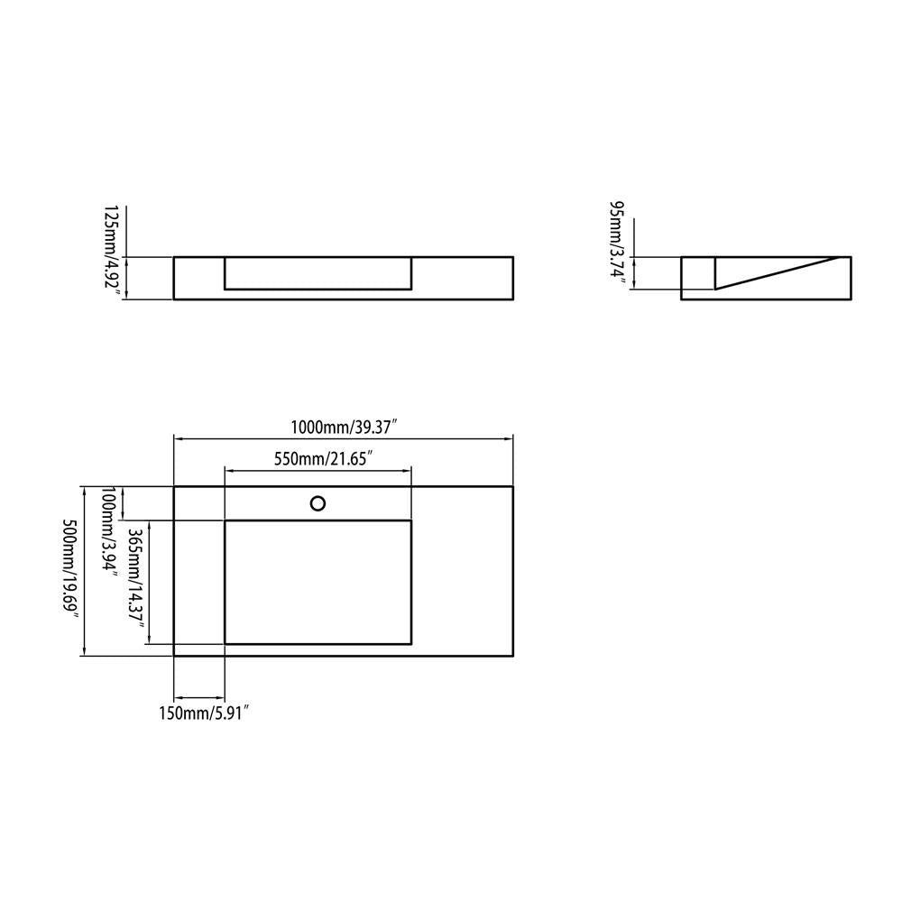 40" Wall-Hung Stone Resin Rectangle Bathroom Ramped Sink in Matte White