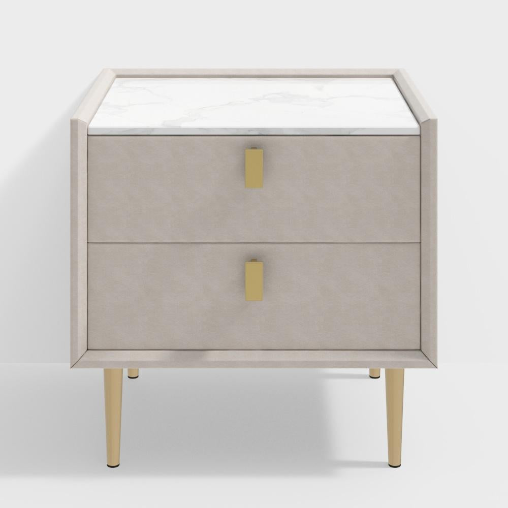 Modern 2 Drawers PU Leather Bedside Table Nightstand with Gold Metal Legs