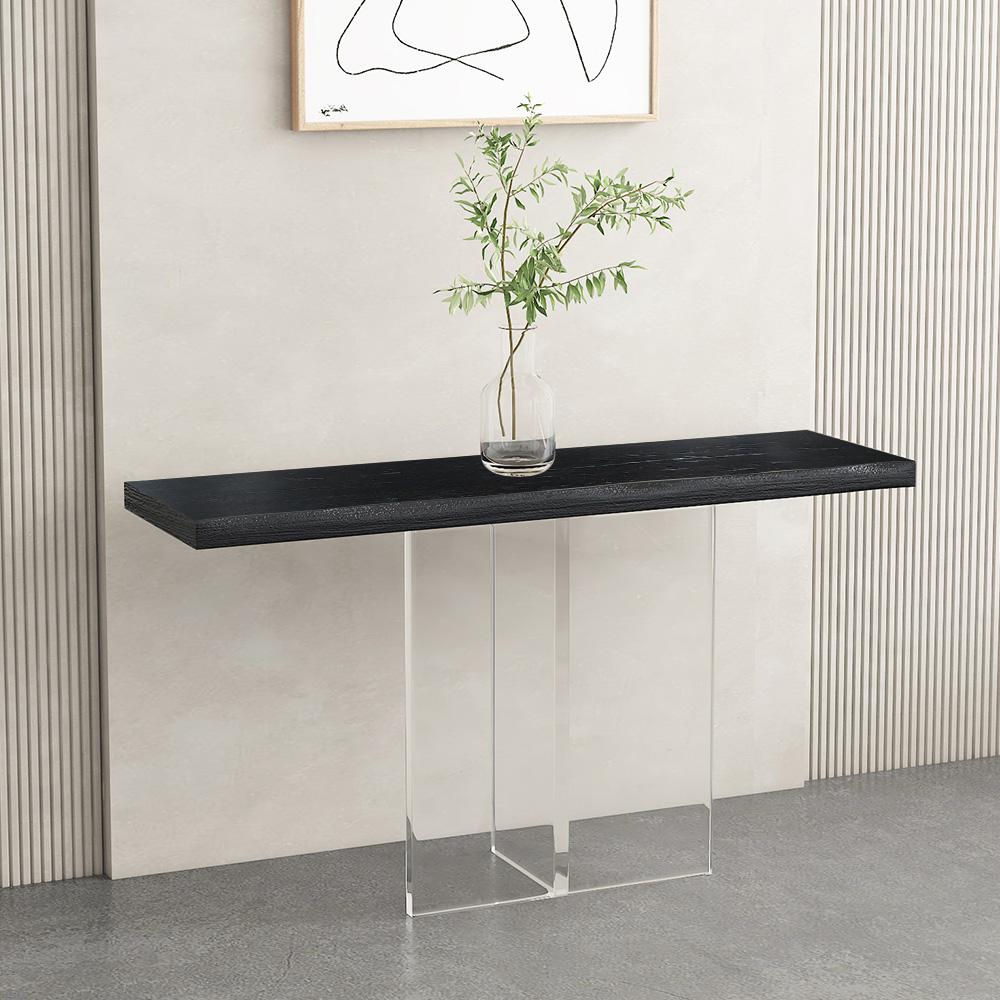 40" Black Modern Narrow Console Table Entryway Floating Pinewood Top & Acrylic Pedestal