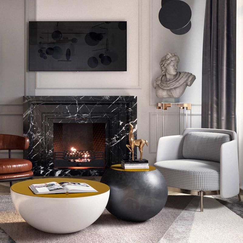 Modern Black & White Bowl-Shaped & Drum Shaped Coffe Table Set with Round Brown Top