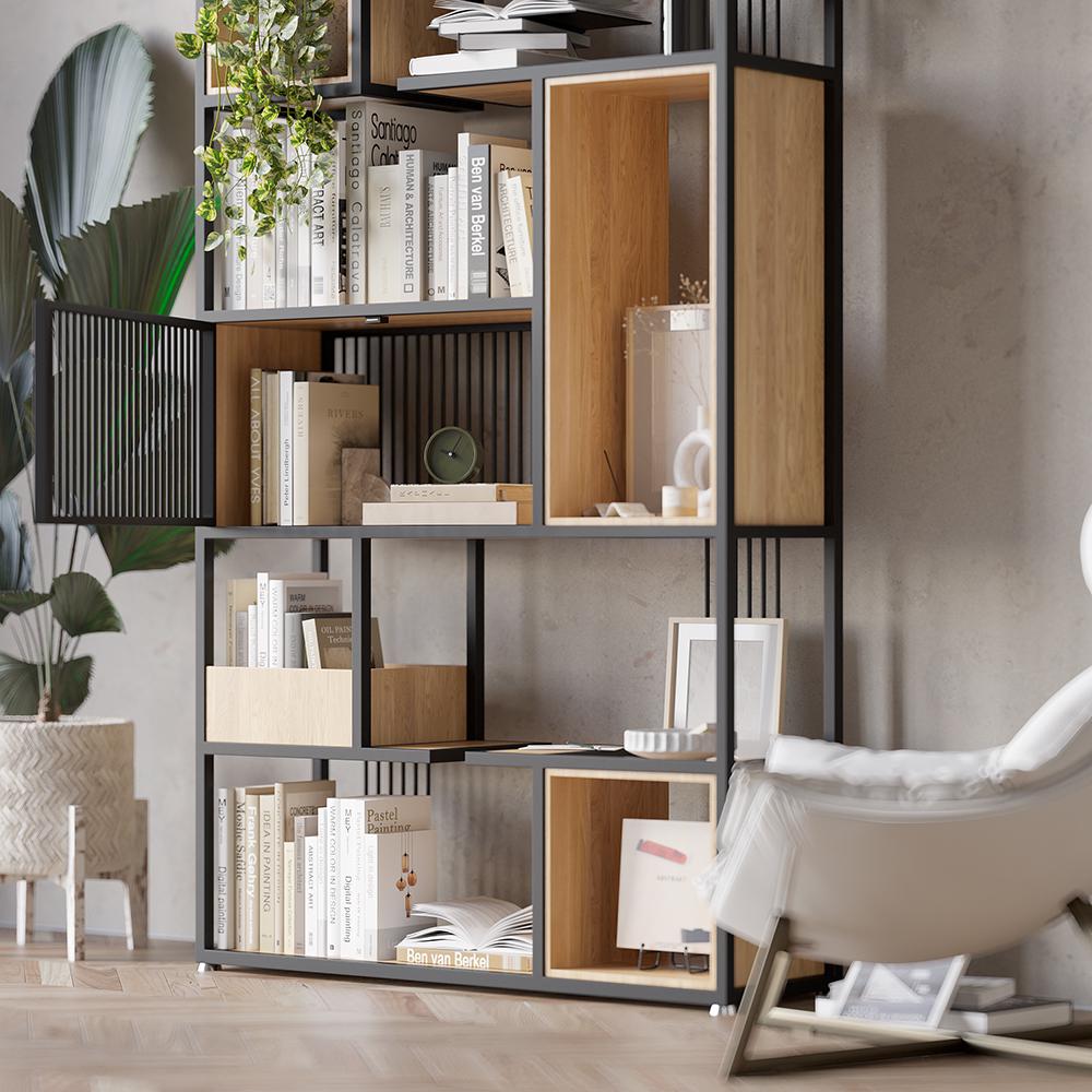78" Modern Black Steel Geometric Bookcase 6-Tier Bookshelf Wooden Tall Book Shelf
