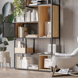 78" Modern Black Steel Geometric Bookcase 6-Tier Bookshelf Wooden Tall Book Shelf