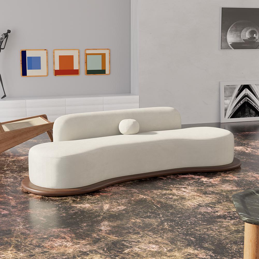 110" Modern White Velvet 5 Seaters Curved Sofa with Low Back Wooden Base