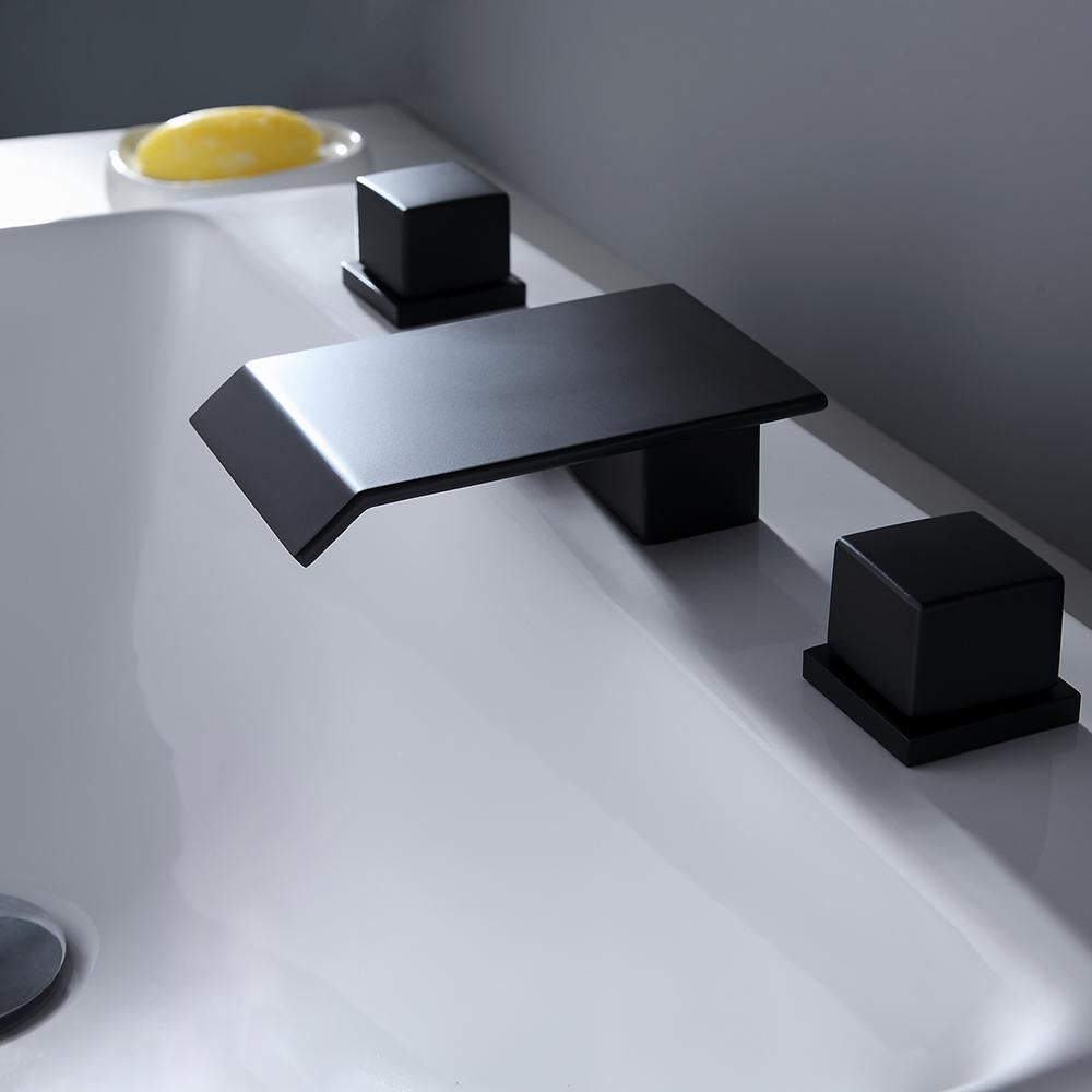 Moda Matte Black Waterfall Widespread Bathroom Sink Faucet Square Double Handle