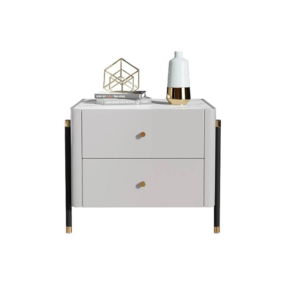 Modern Luxury Gray Nightstand 2-Drawer Bedside Table with Stone Top