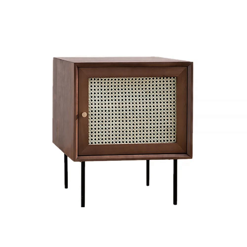 Walnut Nightstand with 1-Door 2-Tier Bedside Table Small Cabinet with Black Metal Legs