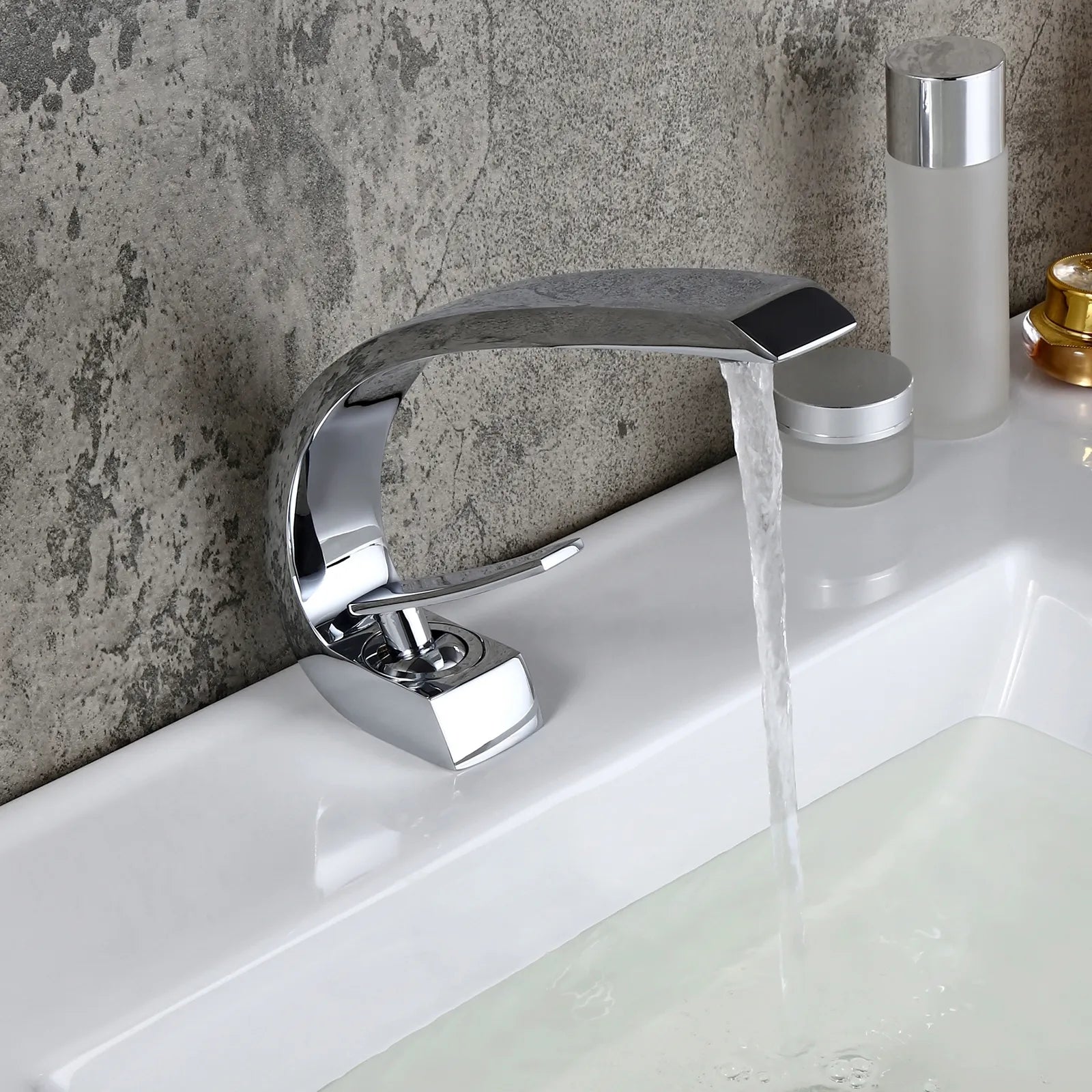 Modern Single Hole 1-Handle C-Shaped Curved Spout Bathroom Sink Faucet with Pop Up Drain in Brushed Nickel