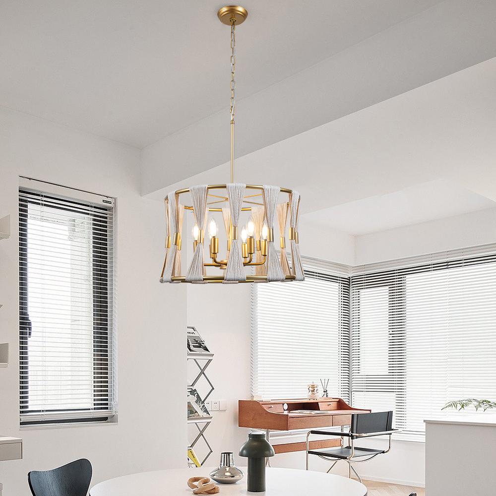 Modern Art Deco 6-Light Drum Chandelier Light Natural Rope Beige Hand-wrapped Lamp