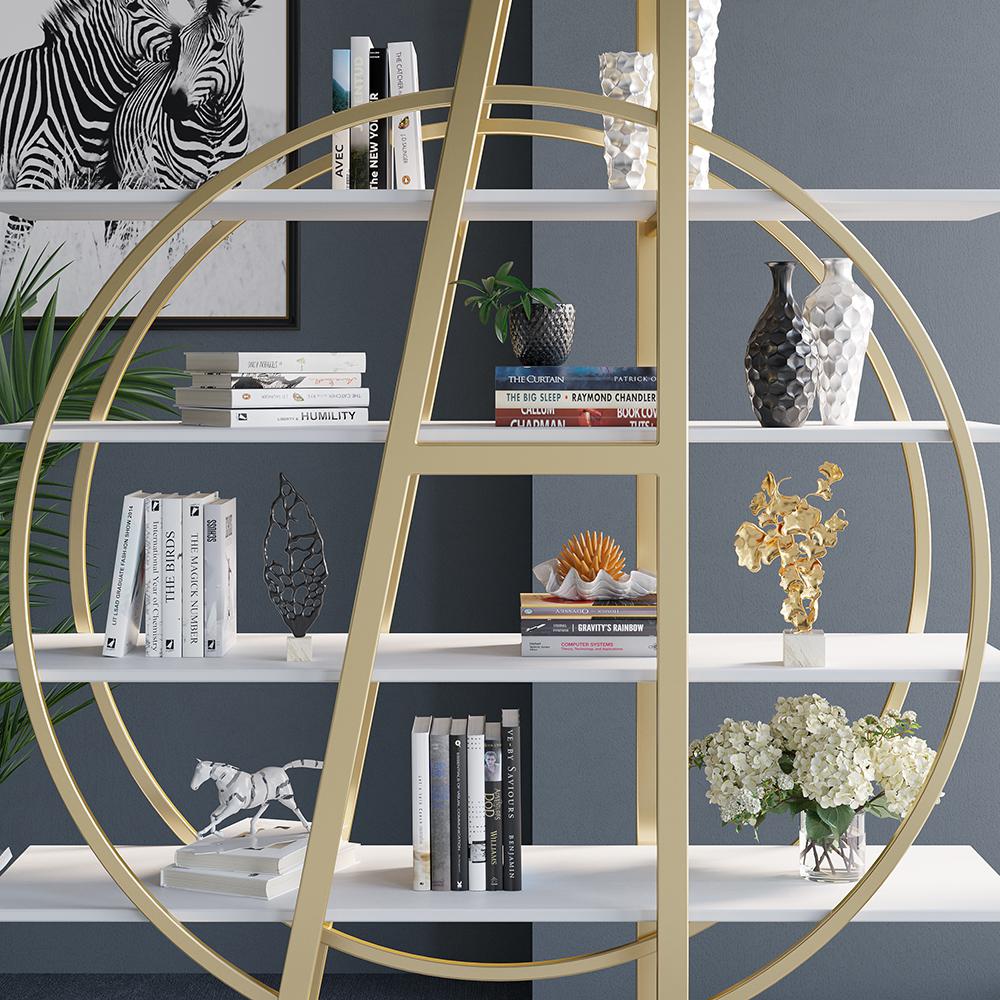 4-Tier Round Open Bookshelf White Display Shelf Gold Frame