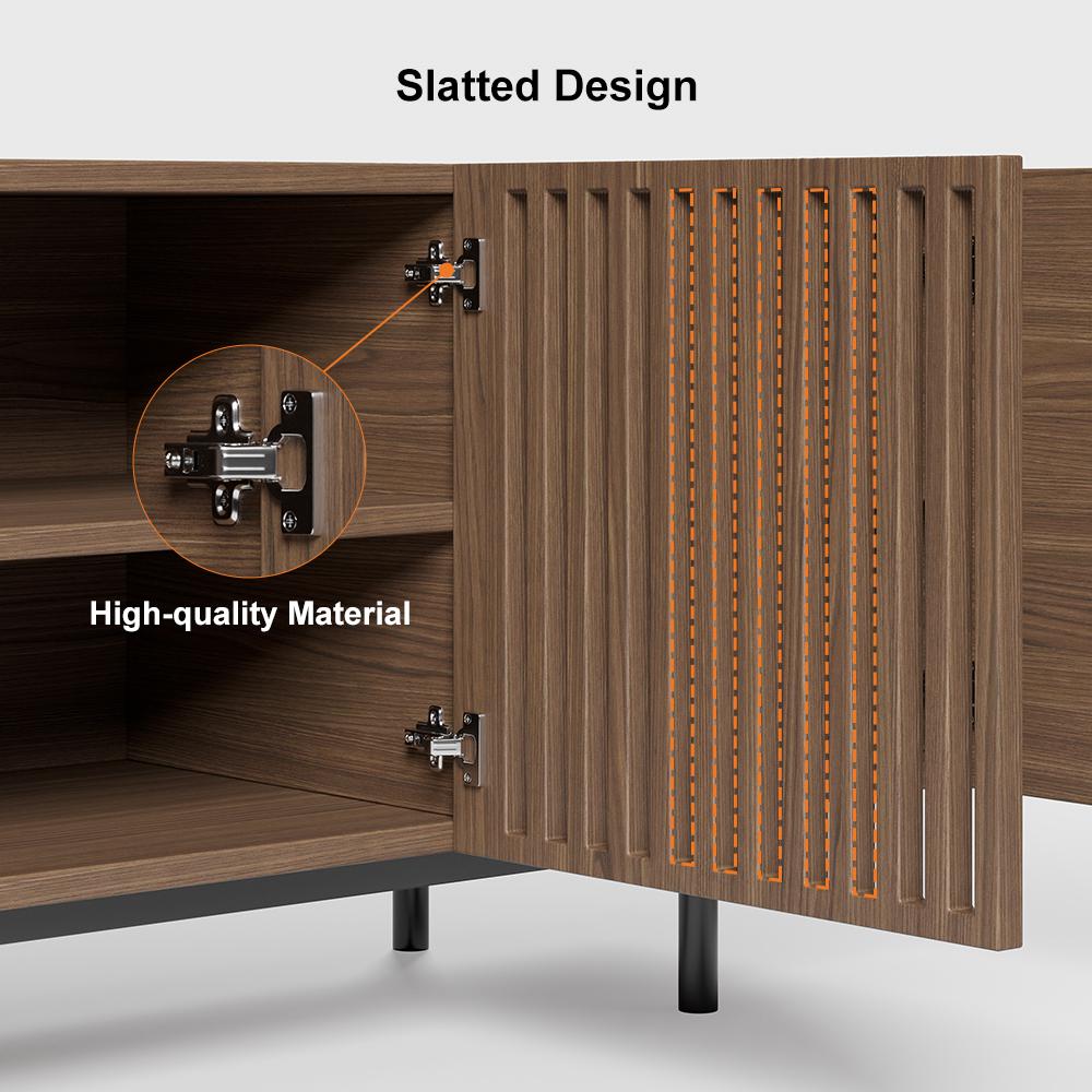 Minimalist Slatted Media Console Wood TV Stand in Walnut with Shelves for TVs Up to 80"