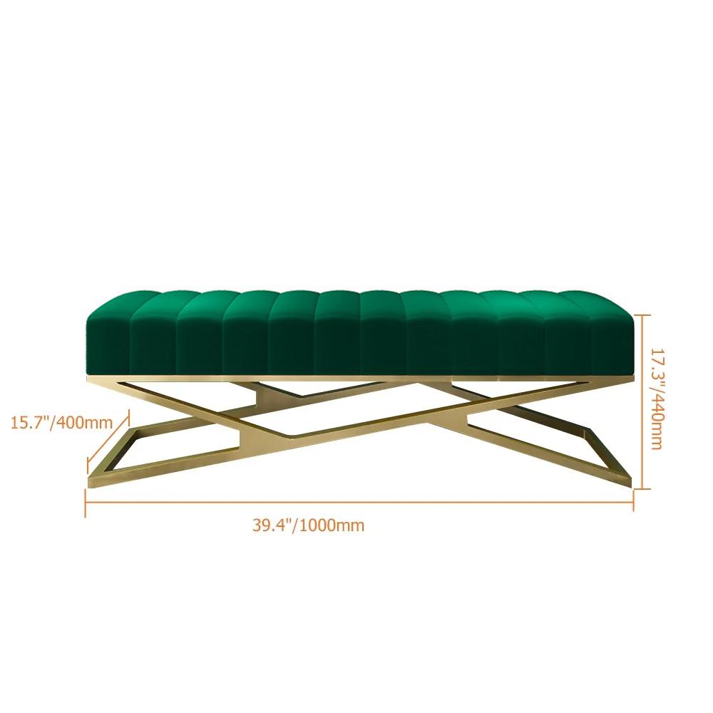 Modern Entryway Bench Gray Velvet Upholstered Ottoman Bench in Gold