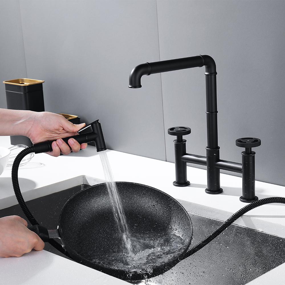 Ruth Industrial 2-Handle Centerset Kitchen Faucet with 1 Pull-out Sprayer Bridge-Shaped