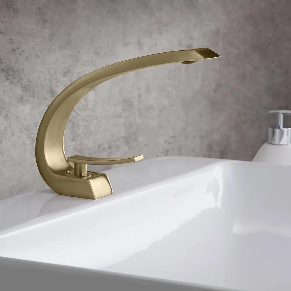 Modern Single Hole 1-Handle C-Shaped Curved Spout Bathroom Sink Faucet with Pop Up Drain in Brushed Nickel