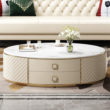 Orand Modern White Oval Marble Top Coffee Table Microfiber Leather with 2 Drawers