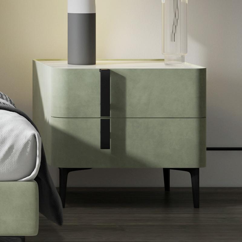 Modern Nightstand with Drawers & Sintered Stone Top Freestanding Bedside Table in Green