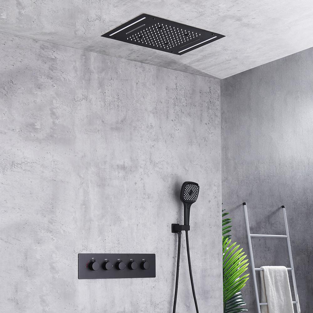 Ceiling Mounted 20" Thermostatic Black Shower System Rainfall 4 Functions