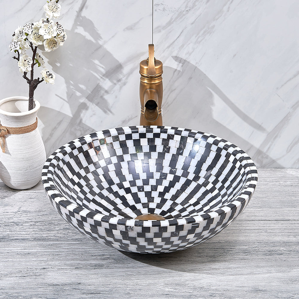 Vessel Circular Natural Stone Bathroom Wash Sink Bowl Shape Mosaic Design