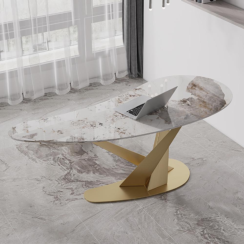55.1" Creative Desk for Home Office Sintered02Stone Top Stainless Steel Computer Desk