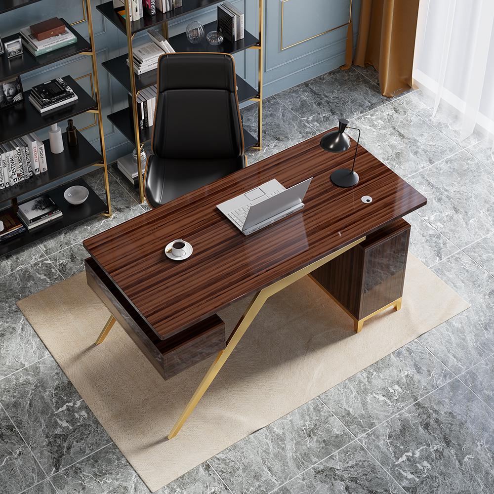 55" Ultra Modern White and Gold Computer Writing Desk with Storage & Drawer
