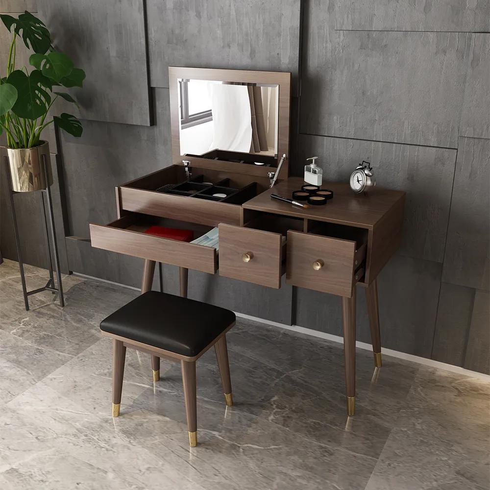 Classic Walnut Makeup Vanity Set with Flip-top Mirror & Stool