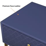 Modern Nightstand with Drawer, PU Leather in Deep Blue, Gold Leg