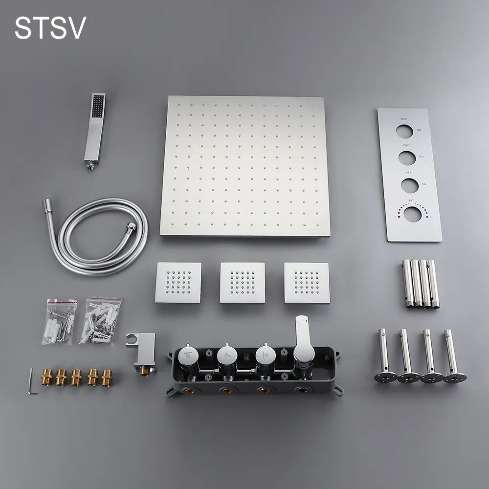 Modern 16" Chrome Thermostatic Rain Shower System with Handheld Shower & 3 Body Sprays