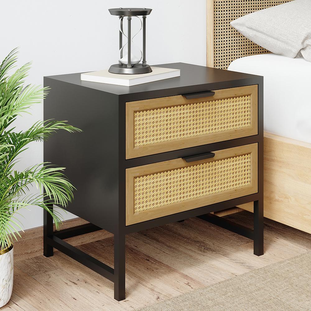 Industrial Nightstand Rattan Nightstand with 2 Drawers Storage for Bedroom