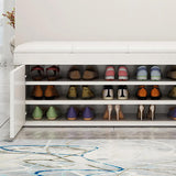 White Entryway Bench with Shoe Storage Leather Upholstered