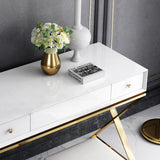 Modern 2-Drawer Wood Makeup Vanity Set with Mirror & Stool X Base Stainless Steel in Gold