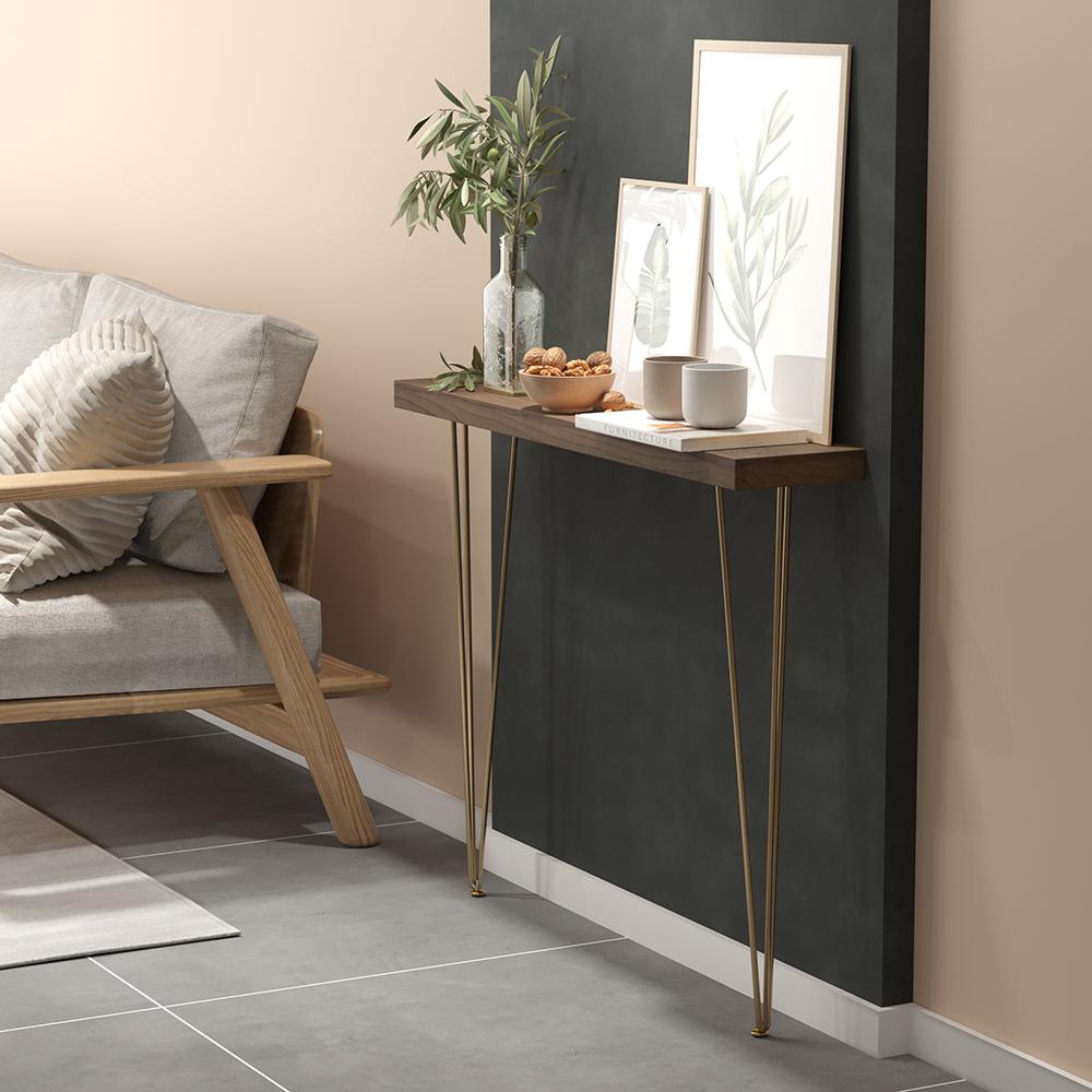 39" Modern Walnut Narrow Rectangular Console Table with Wooden Top Metal Legs