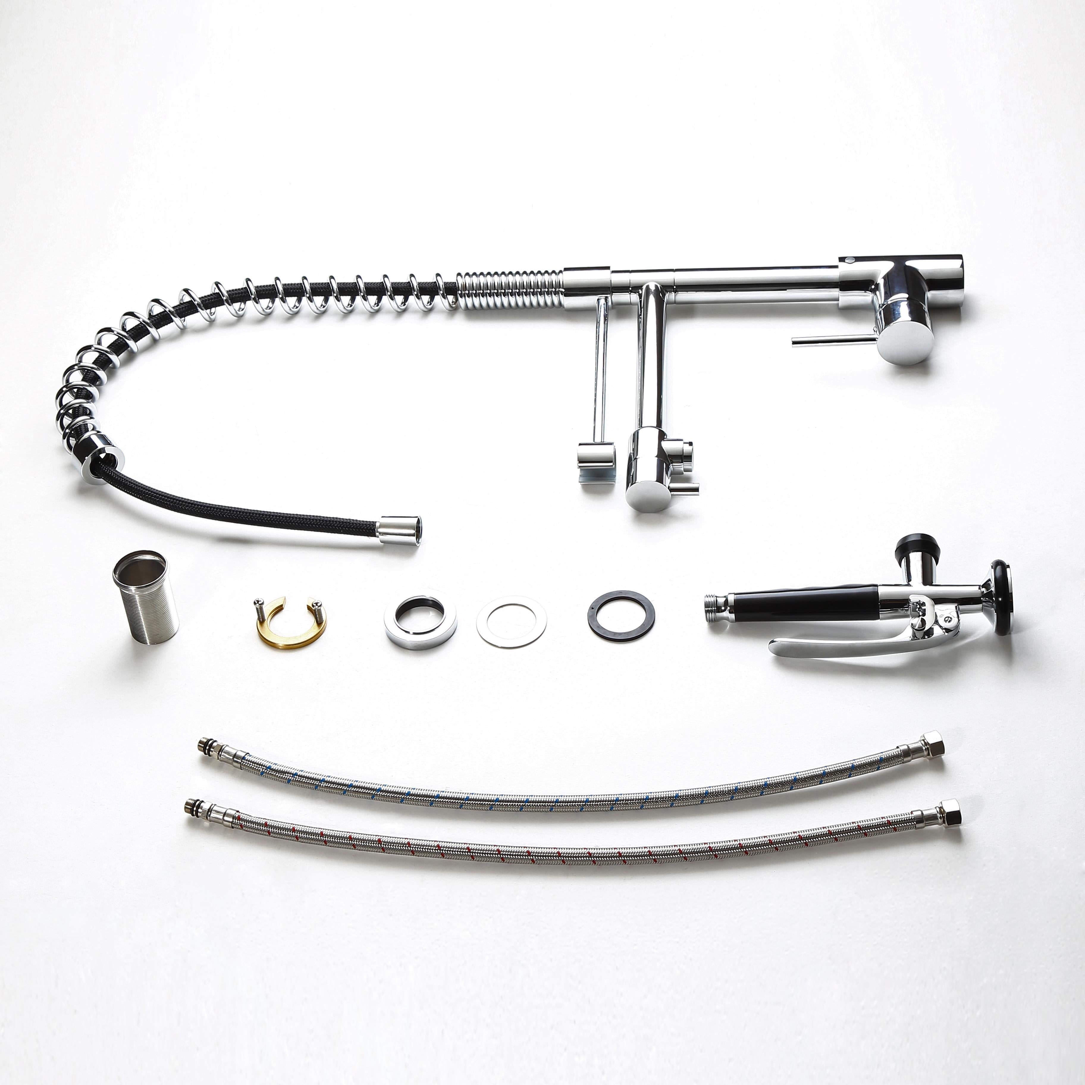 Commercial Pull Down Pre-rinse Spring Sprayer Brushed Nickel Kitchen Sink Faucet with Deck Plate Solid Brass