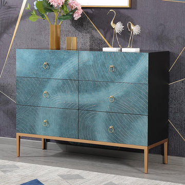 47" Blue-Green Dresser Artistic 6-Drawer Bedroom Cabinet in Gold