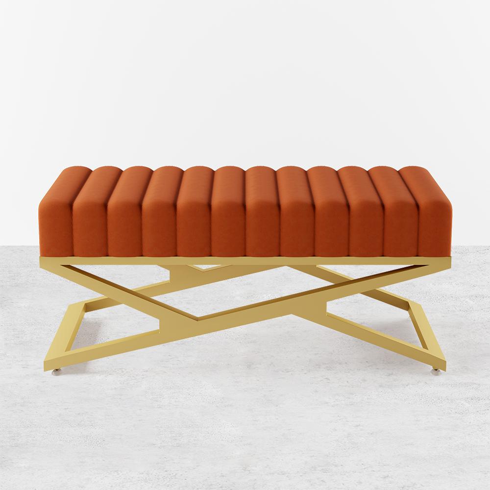 Modern Entryway Bench Gray Velvet Upholstered Ottoman Bench in Gold