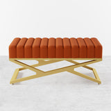 Modern Entryway Bench Gray Velvet Upholstered Ottoman Bench in Gold