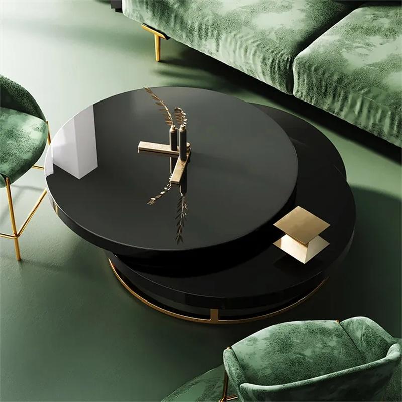 White Round Modern Wood Swivel Coffee Table with Storage Drawer in Gold