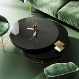White Round Modern Wood Swivel Coffee Table with Storage Drawer in Gold