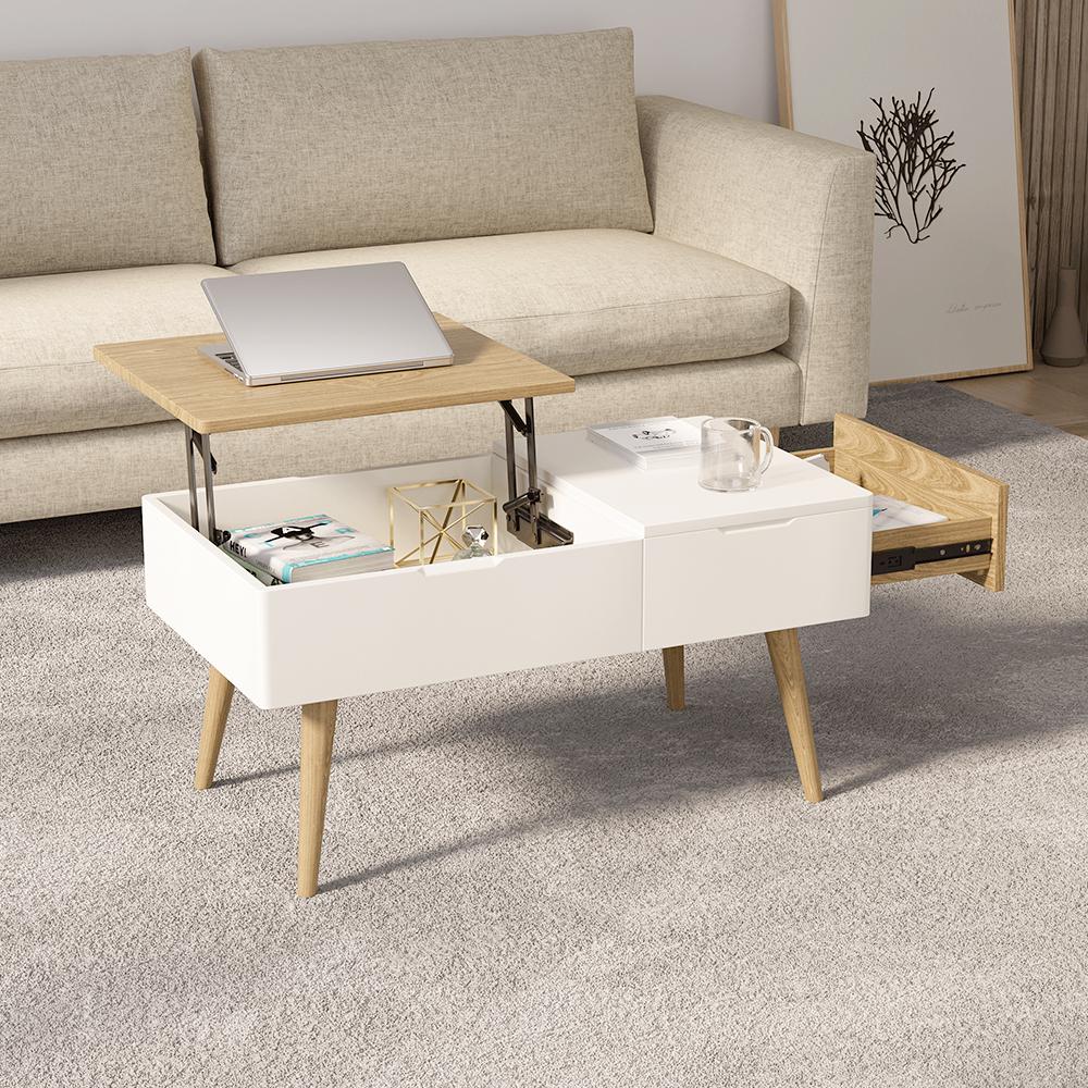 White & Natural Wooden Rectangular Multifunctional Coffee Table with Drawer Lift-Top Storage Table