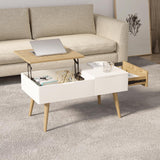 White & Natural Wooden Rectangular Multifunctional Coffee Table with Drawer Lift-Top Storage Table