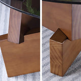 Round Coffee Table in Black & Walnut with Glass Top & Pine Wood Geometric Base