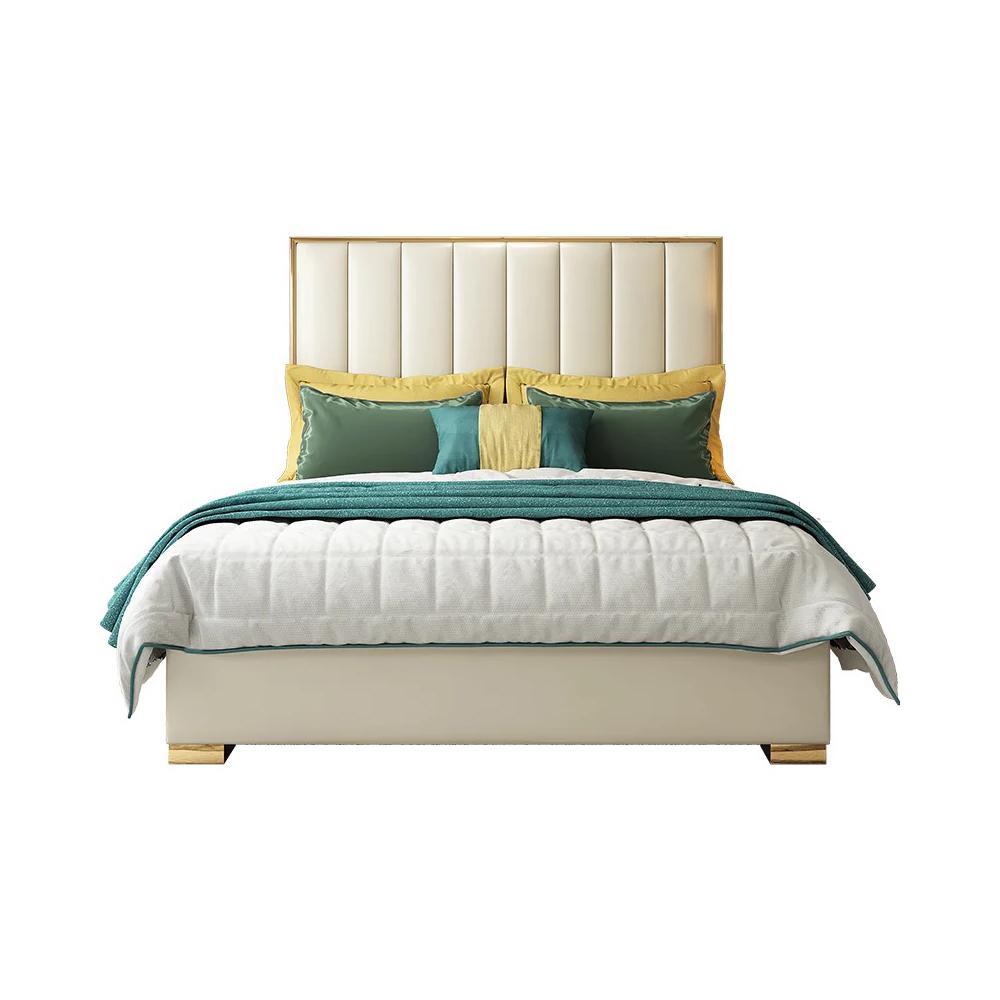 Queen Size Platform Bed White Upholstered Faux Leather Bed with Gold Legs