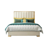 Queen Size Platform Bed White Upholstered Faux Leather Bed with Gold Legs