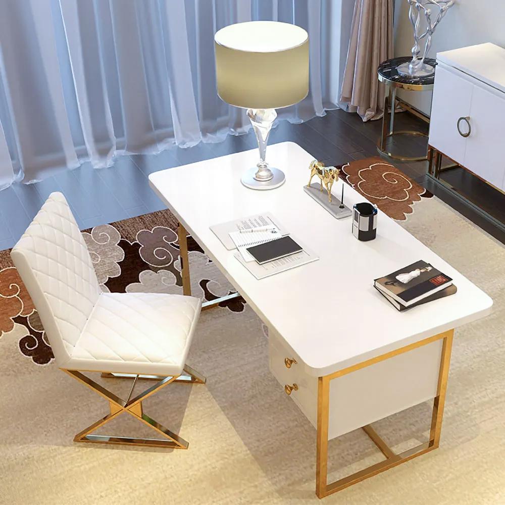 71" White Writing Desk Modern Computer Desk with 2-Drawer in Gold