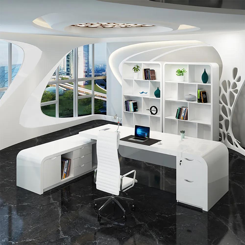 L-shaped Modern Executive Desk with Ample Storages Right Hand in White