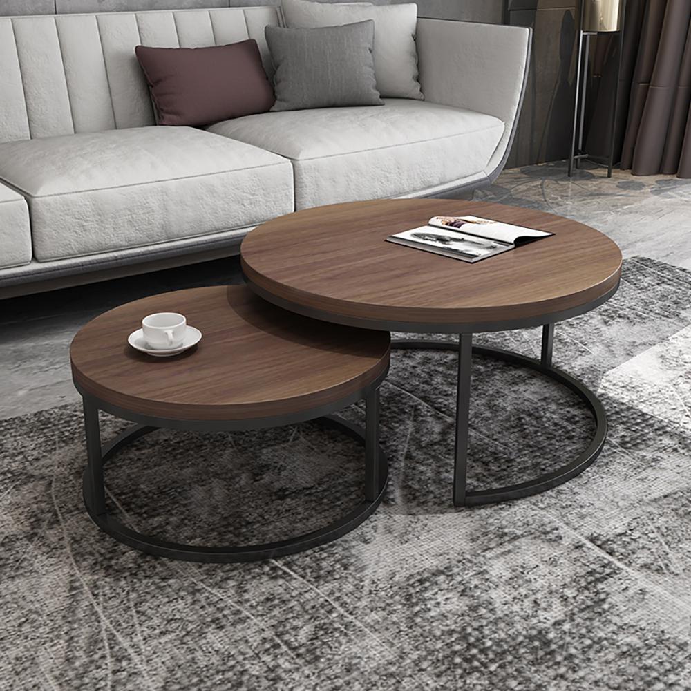 2 Pieces Modern Wood Gray & Black Round Nesting Coffee Table for Living Room