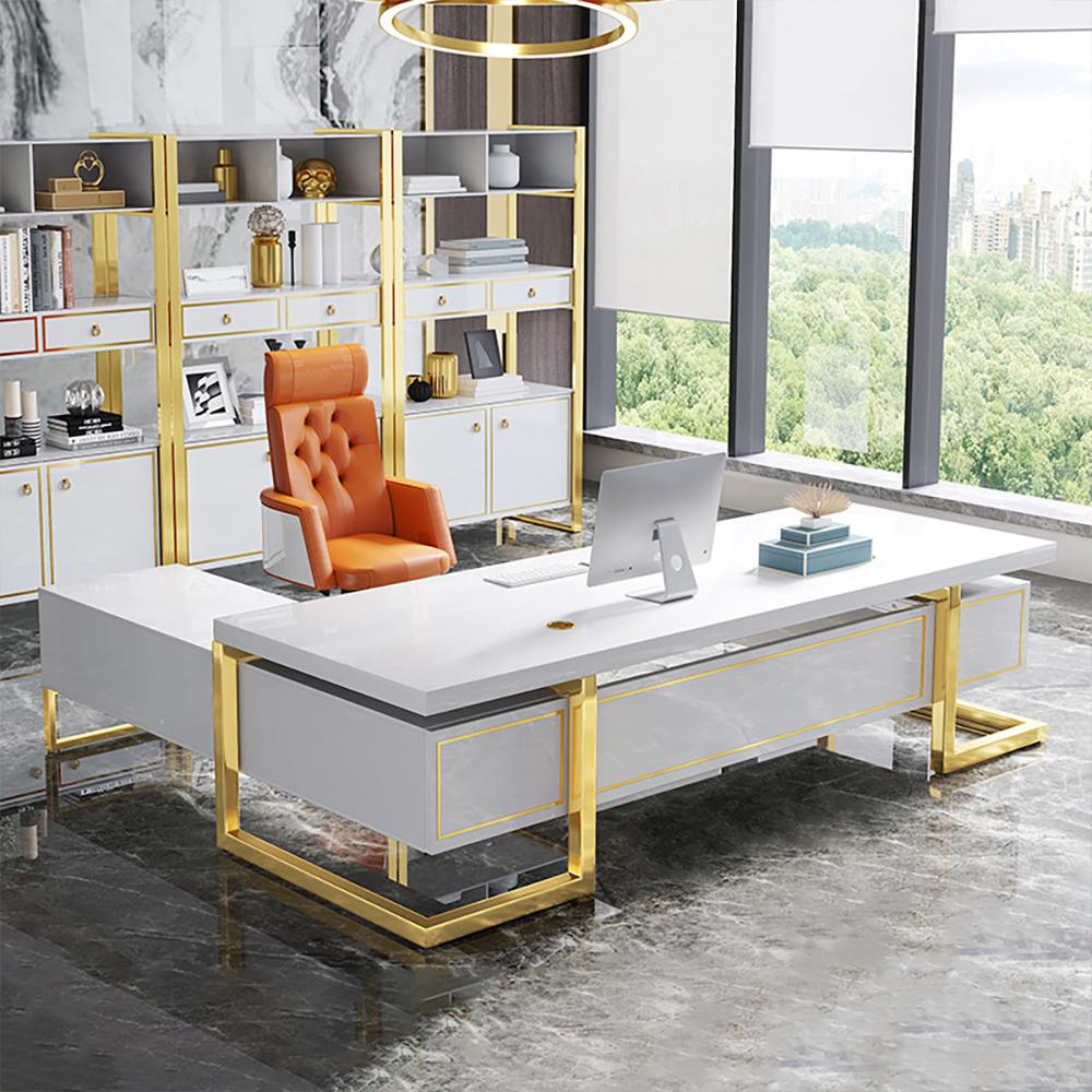 Holf L-Shaped Modern Office Executive Desk of Right Hand with Storage in White & Gold