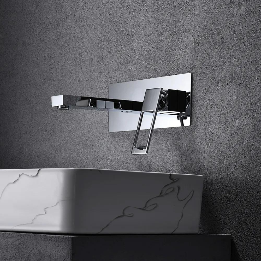 Modern Brushed Gold Wall Mount Bathroom Sink Faucet Solid Brass
