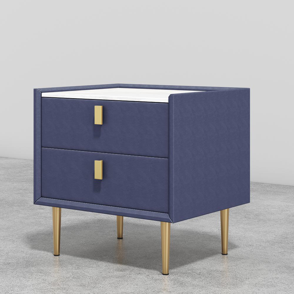 Modern 2 Drawers PU Leather Bedside Table Nightstand with Gold Metal Legs